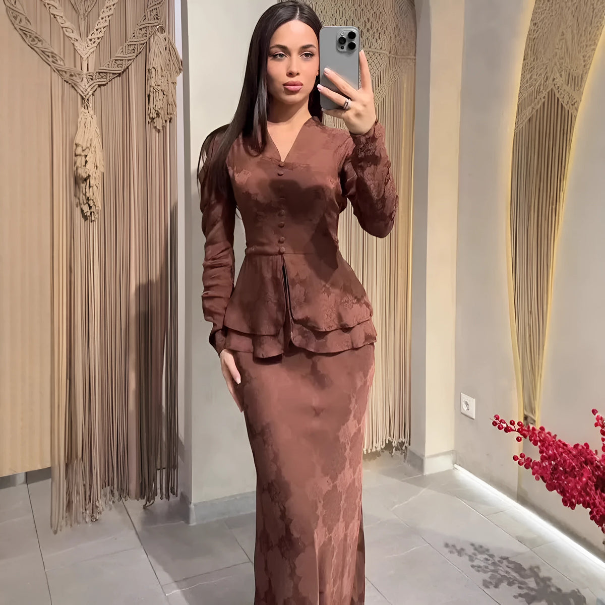 Dark brown long sleeve pullover dress with artistic retro floral print and button-front detail