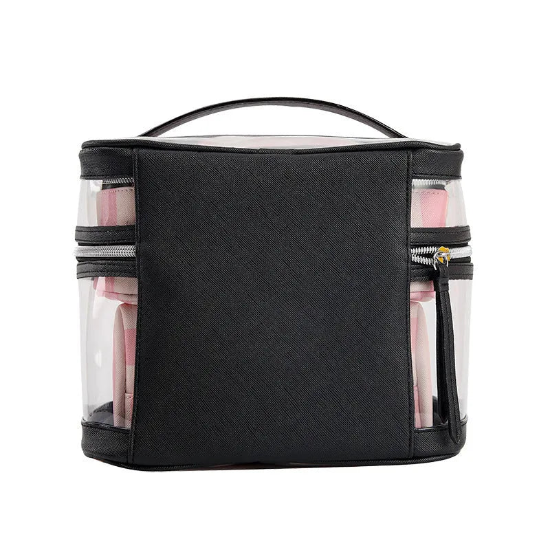 Pink bold stripes floral pattern waterproof synthetic leather buggy makeup bag folded open