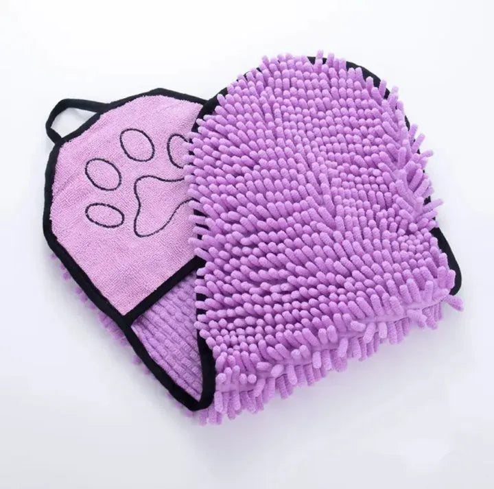 Blue dog bath robe towel laid flat showing 62cm by 23cm size and soft fibre texture