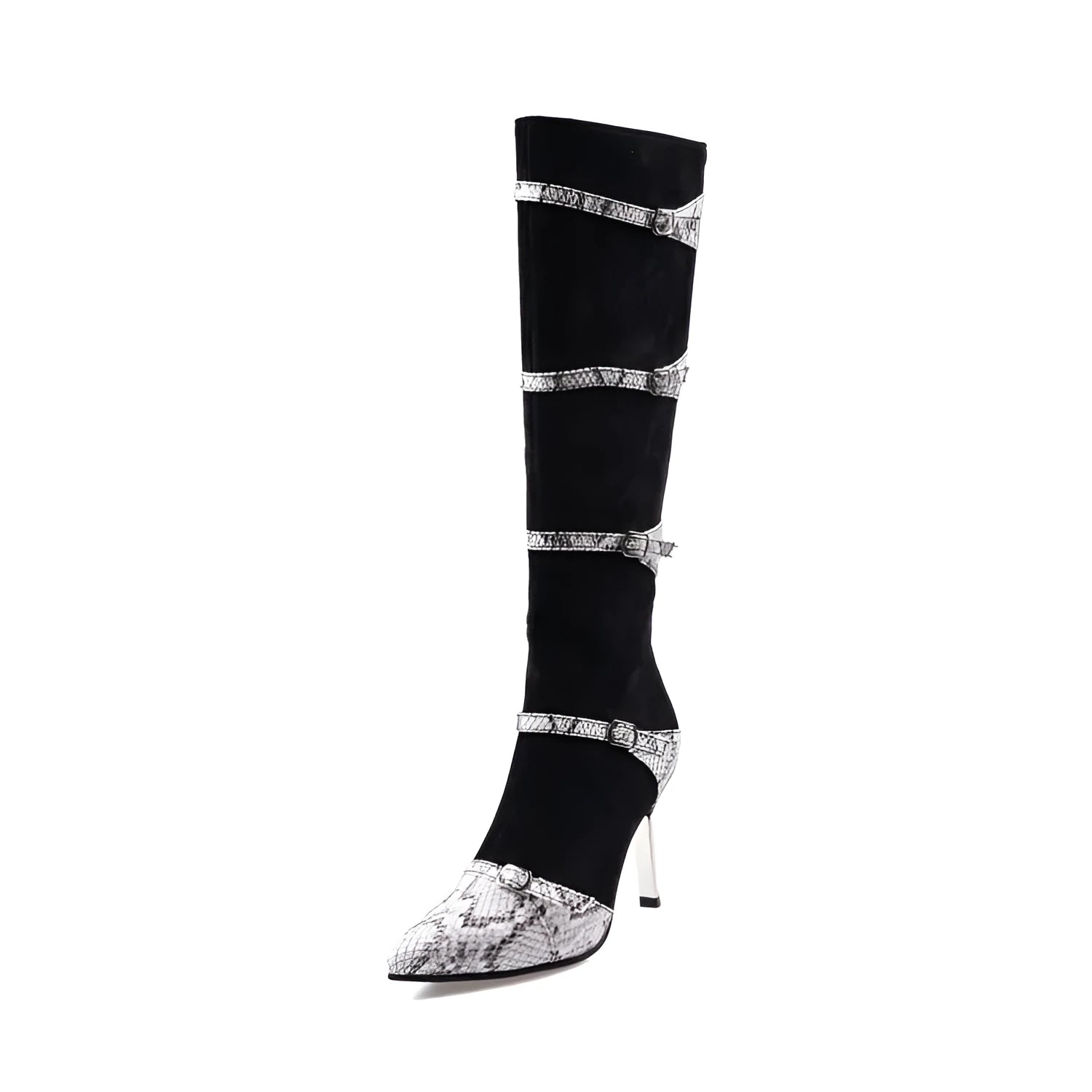 Grey and black women's knee-high boots with a thin high heel on a neutral background.