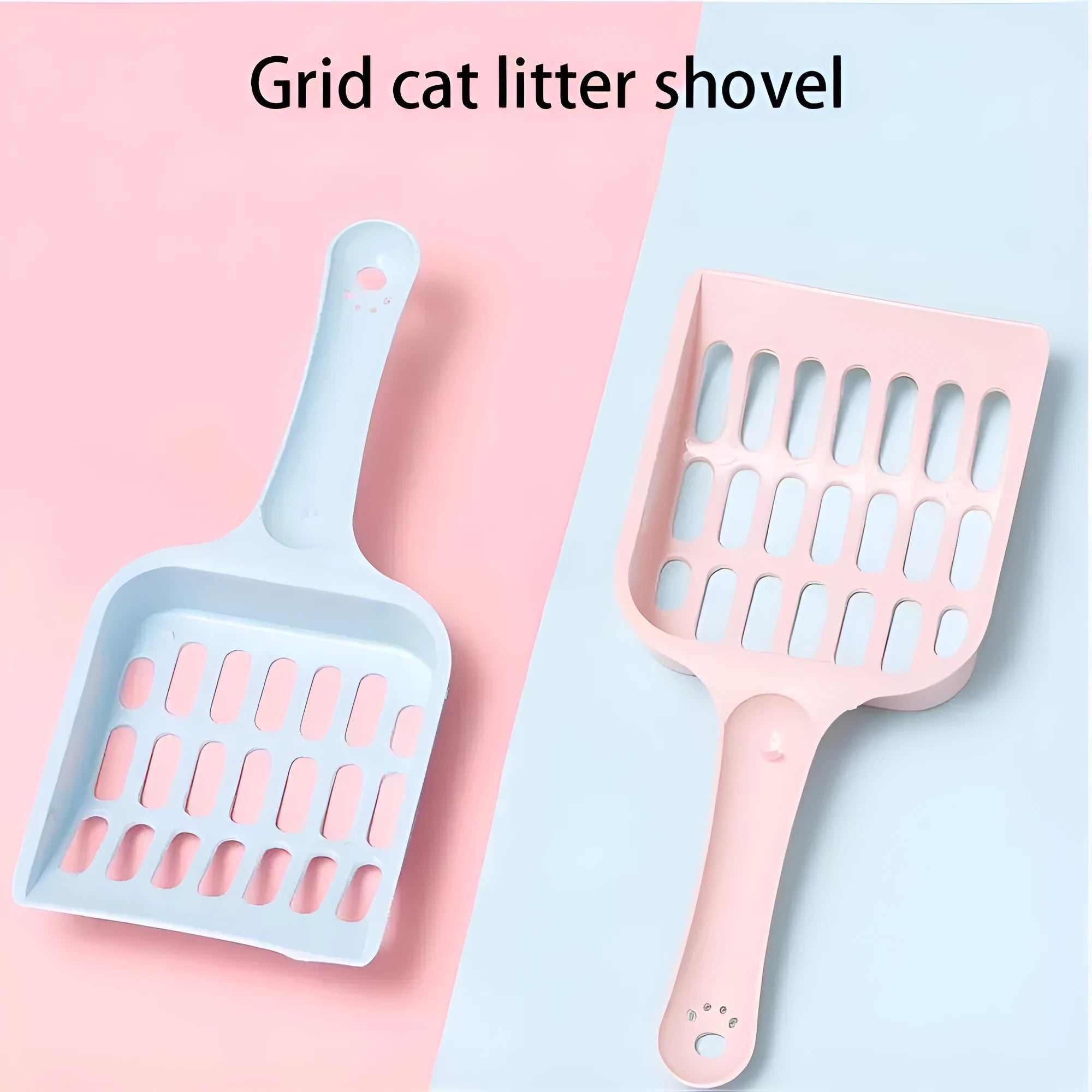 Blue plastic cat litter scoop with slotted design measuring 20cm long for litter box cleaning