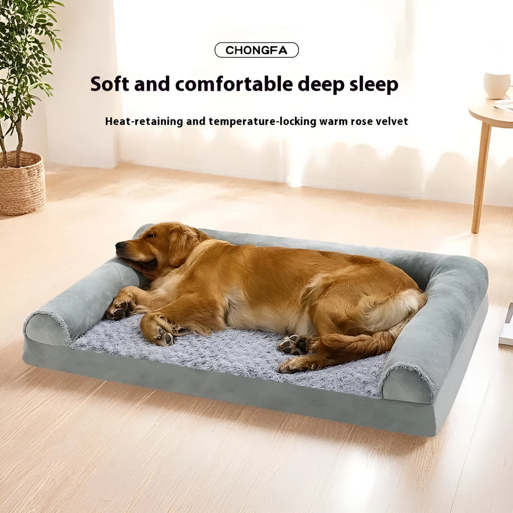 Grey cloth dog kennel for medium to large dogs showing three size options for indoor pet use