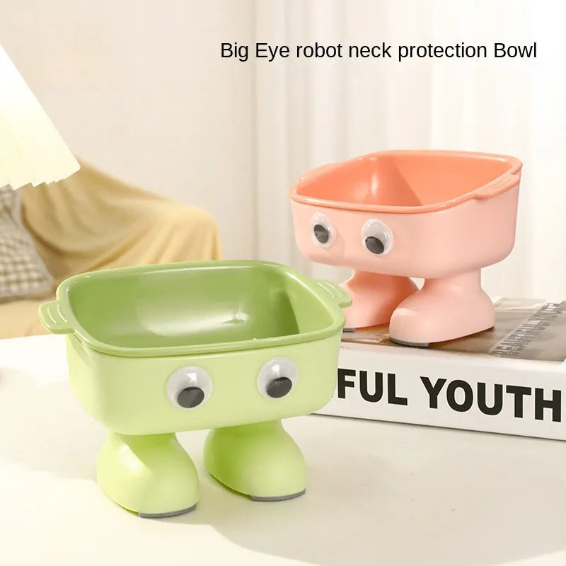 Green robot-shaped elevated cat bowl with tilted design and anti-slip base