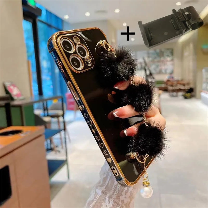 Soft silicone iPhone case with plush bracelet and holder, side love design, electroplated rear cover.