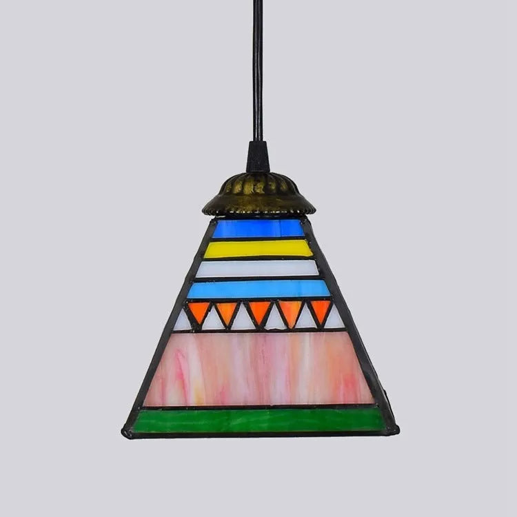 Art stained glass droplight pendant with coloured glass shade and iron ceiling plate