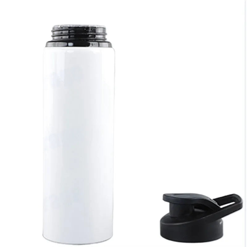 White aluminium sports water bottle for cycling, shown in 600ml and 750ml size options.