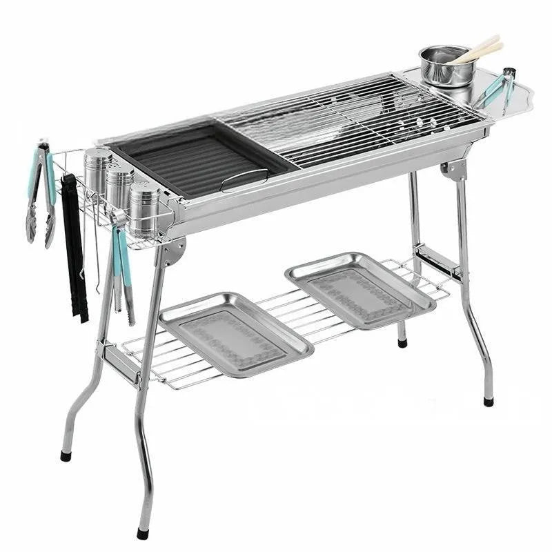 Stainless steel portable folding barbecue oven grill shown in natural metallic colour.