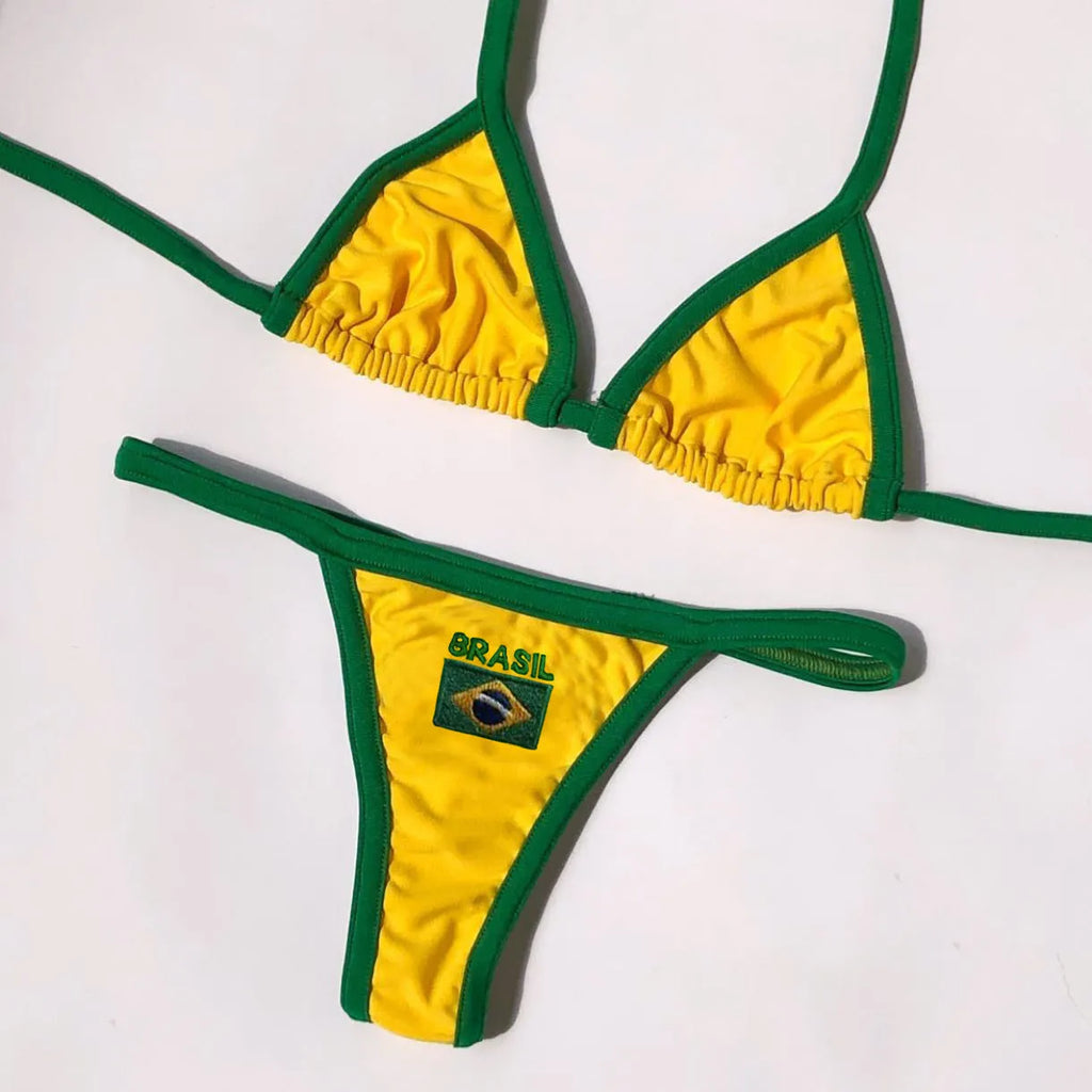 Women's yellow T-back bikini set with shorts bottoms for summer swimming