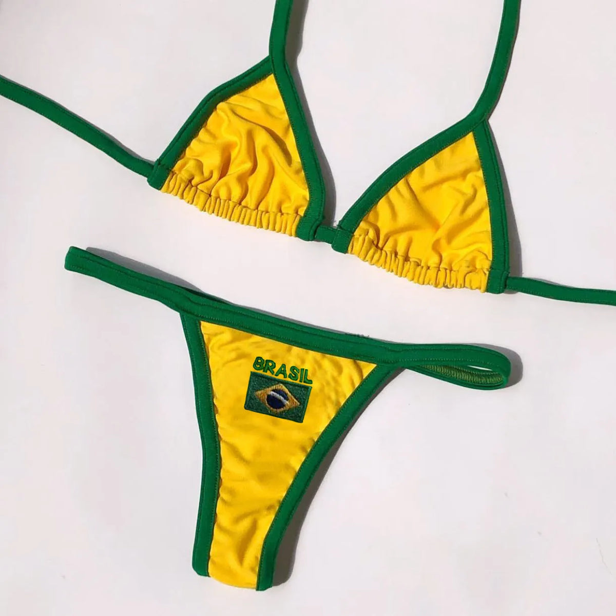 Women's yellow T-back bikini set with shorts bottoms for summer swimming