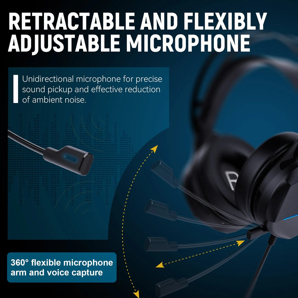 Multi In One wired gaming headphone with 3.5mm plug, over-ear protein PU leather earmuffs, and 50mm drivers.
