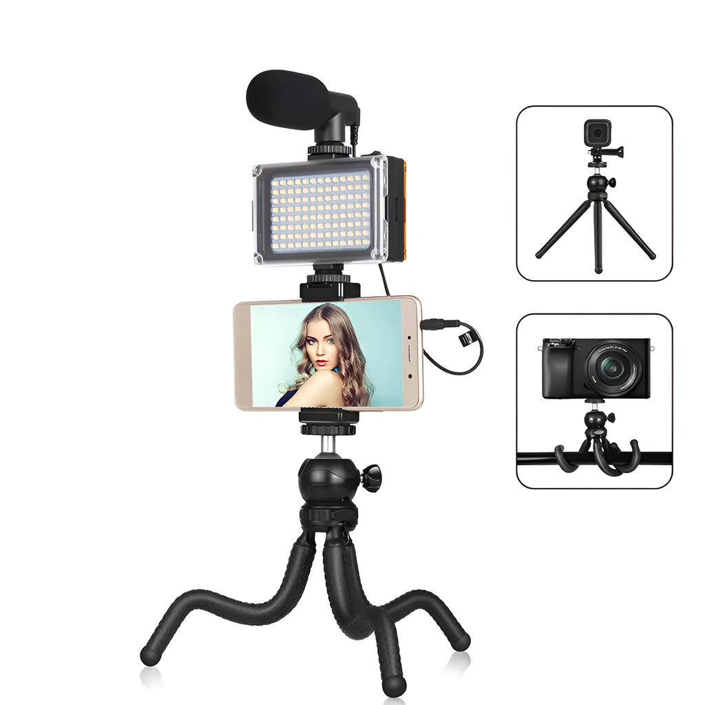 Black Octopus Yripod live broadcast kit with flexible legs, fill light, and microphone for Apple-compatible devices.