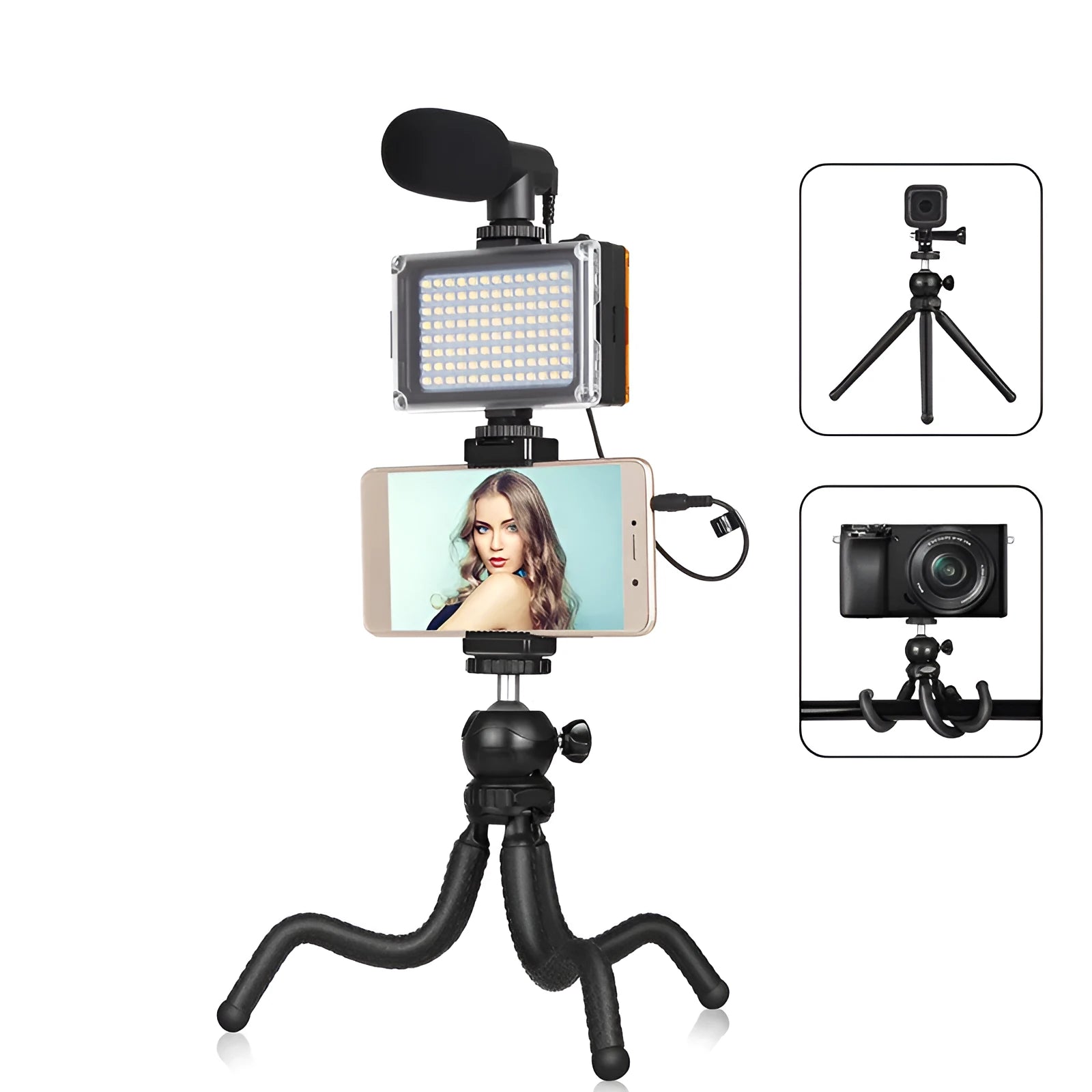 Black Octopus Yripod live broadcast kit with flexible legs, fill light, and microphone for Apple-compatible devices.