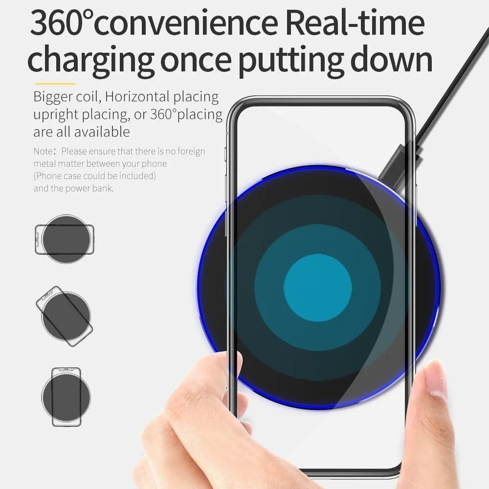Ultra-thin black square wireless fast charger with USB cable on a table