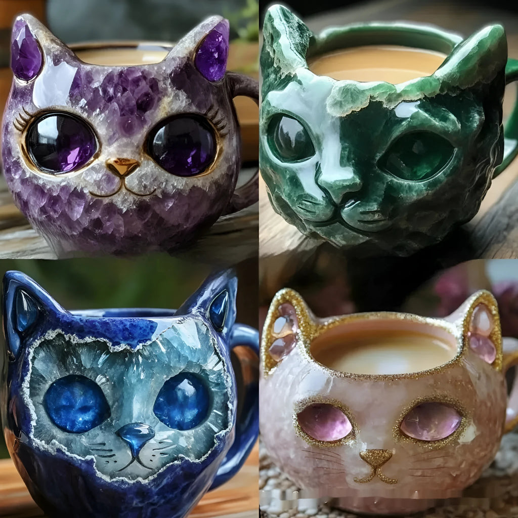 Purple geode crystal cat resin mug showing decorative design and scale