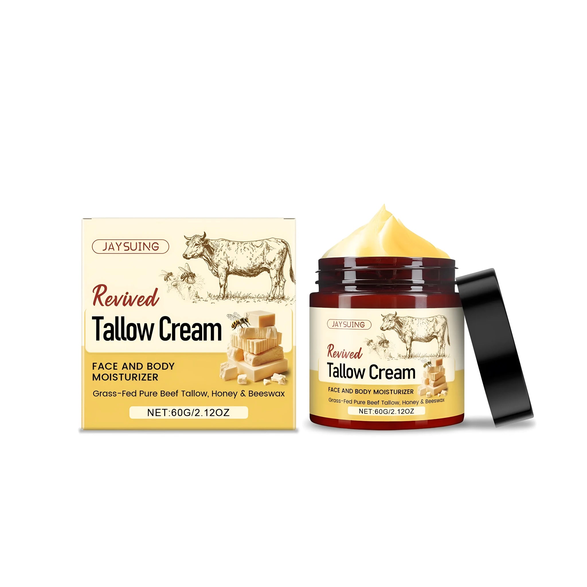 60g glass jar of Revived Tallow moisturising cream with beeswax and olive oil.
