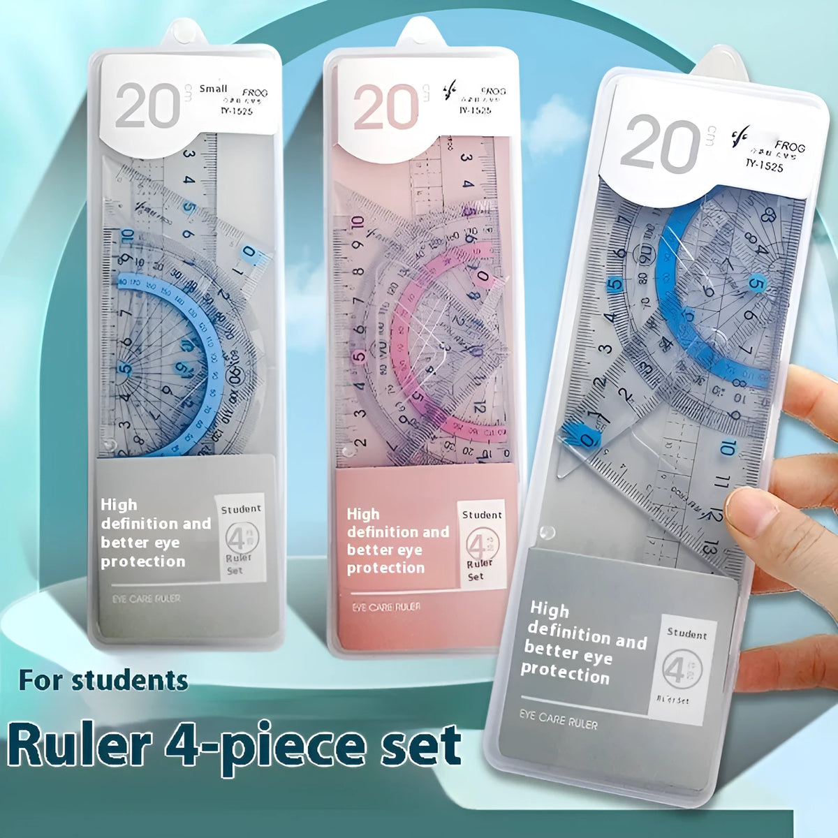 Transparent acrylic ruler set with square and protractor geometry tools