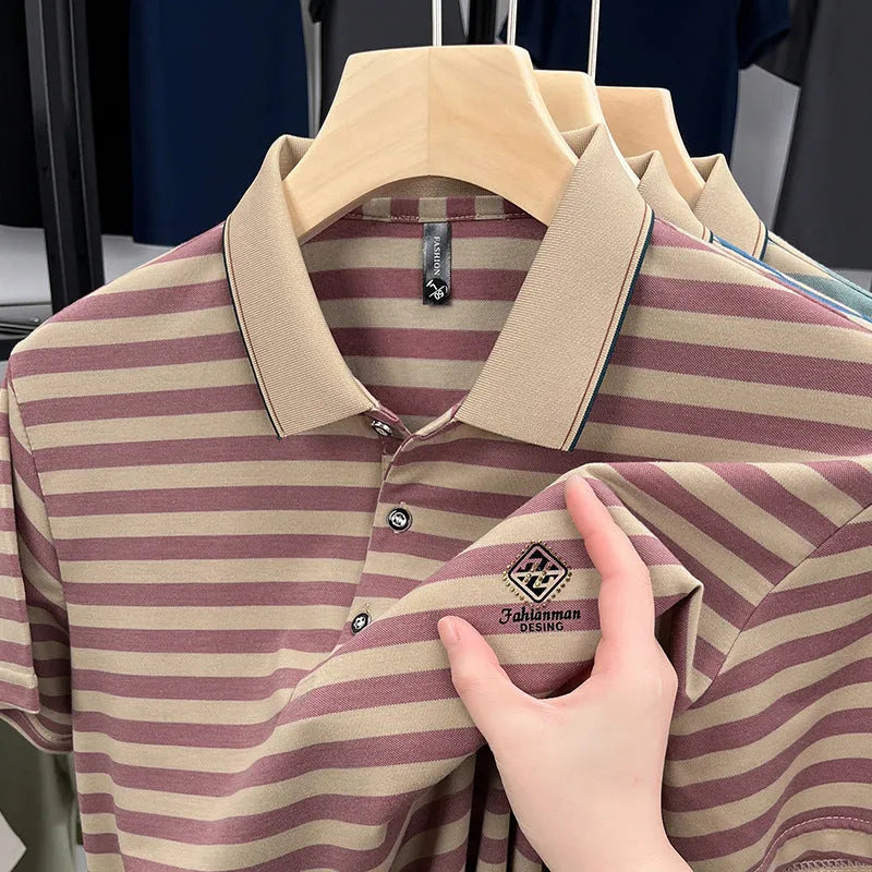 Men's red striped polo shirt with mosaic pattern on short sleeves