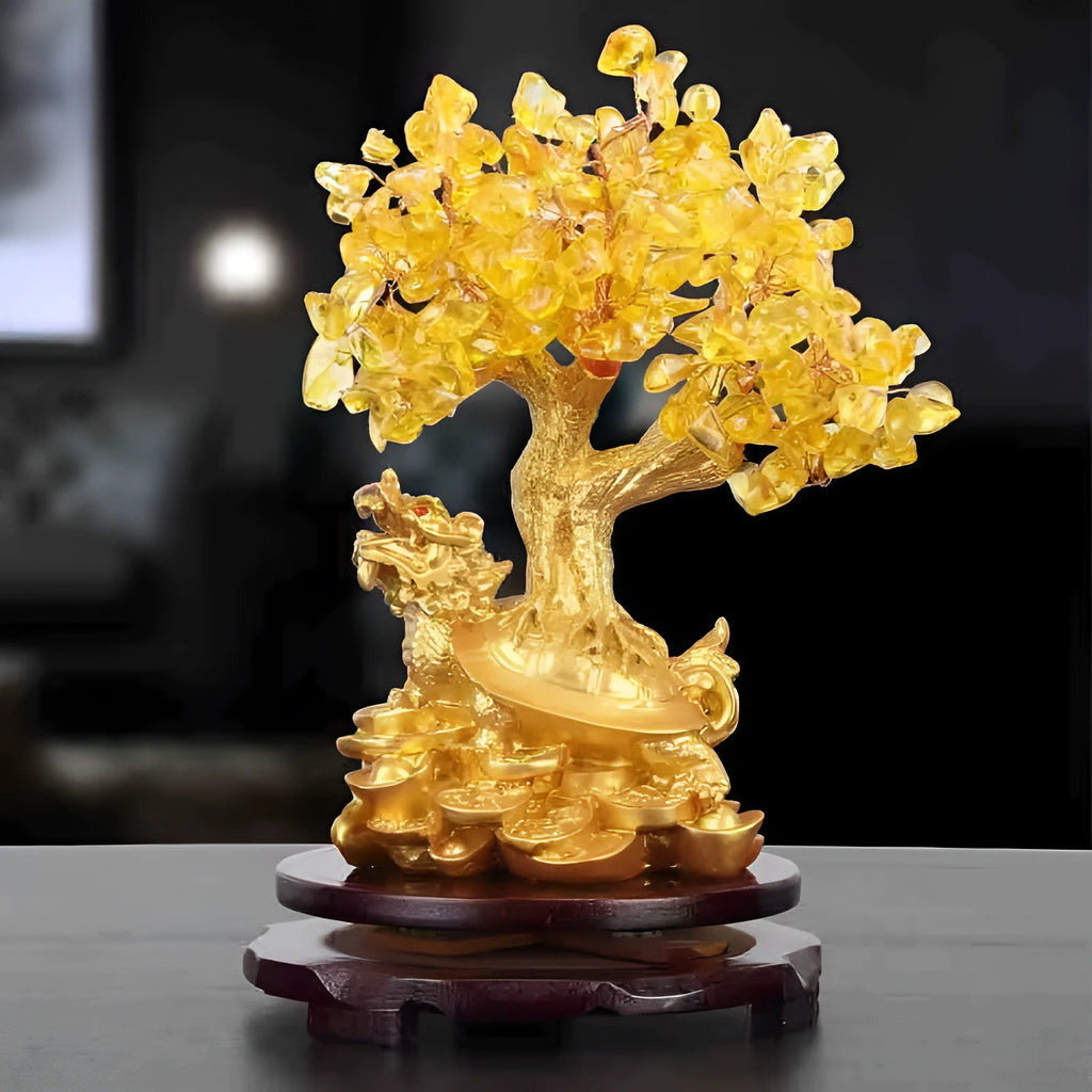 Citrine coloured resin Chinese style ornament of a small water turtle with a money tree.