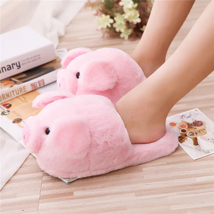 Pink pig-themed plush floor slippers with soft short fabric and cotton filling.