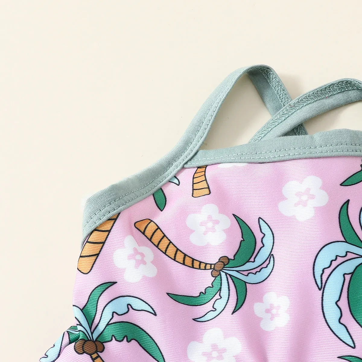 White children's two-piece polyester swimsuit set with top and shorts for spring beachwear.