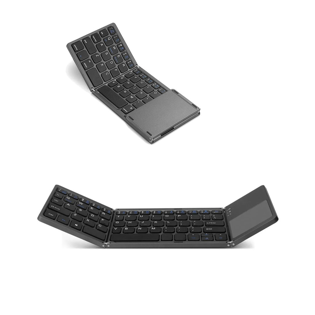 Tri-fold Bluetooth keyboard shown open for typing and folded for travel