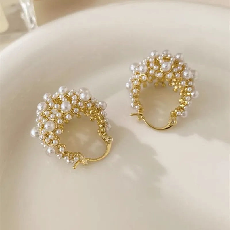Women's gold colour copper flower basket earrings with small rice-shaped bead inlay floral pattern