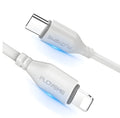 White braided USB-C to Lightning charging cable, 1.8 metres long, coiled on a surface.