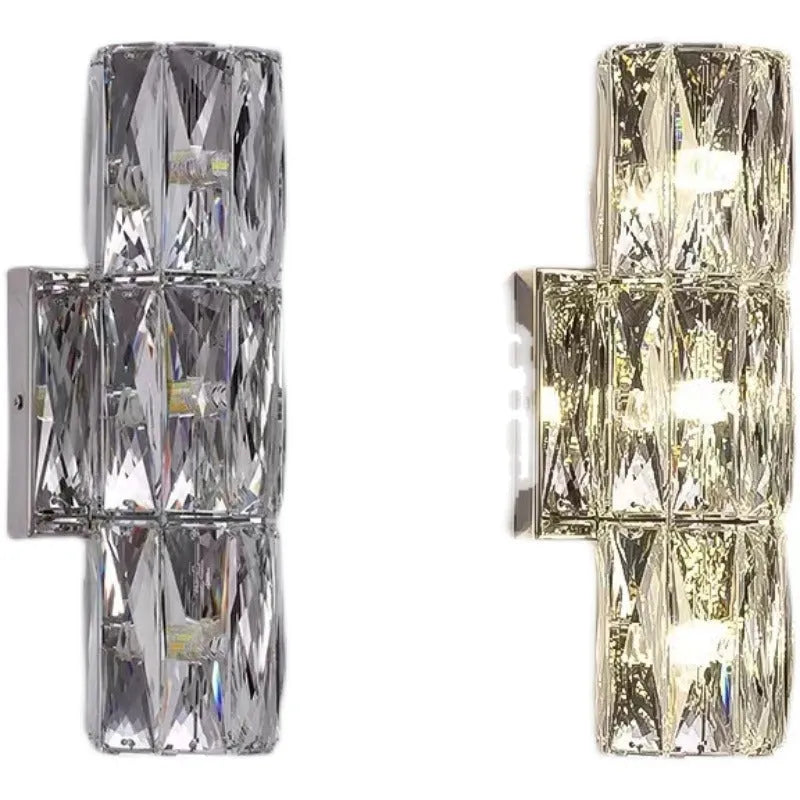 Slim crystal wall lamp with stainless steel body in chrome or gold finish, mounted on a wall.