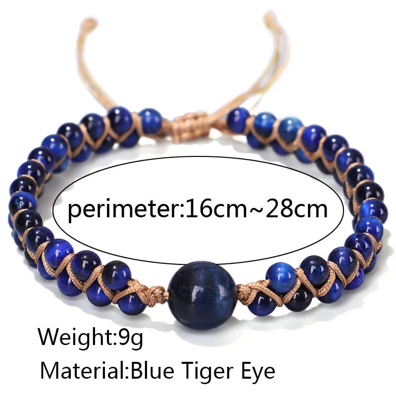Close-up of a blue Tigereye hand-woven bracelet with a geometric pattern and pull closure.