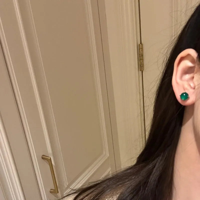 Chinese-style chalcedony stud earrings with copper four-claw settings in emerald green, pink purple, or milk white