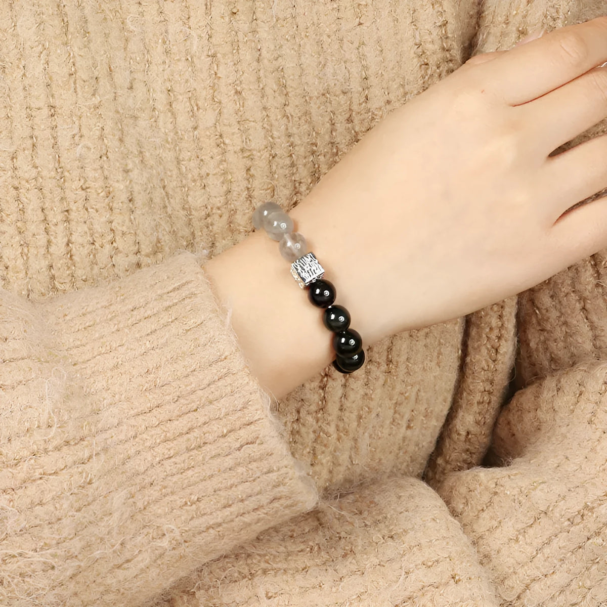 10mm geometric Chinese style crystal couple bracelet in khaki colour variations