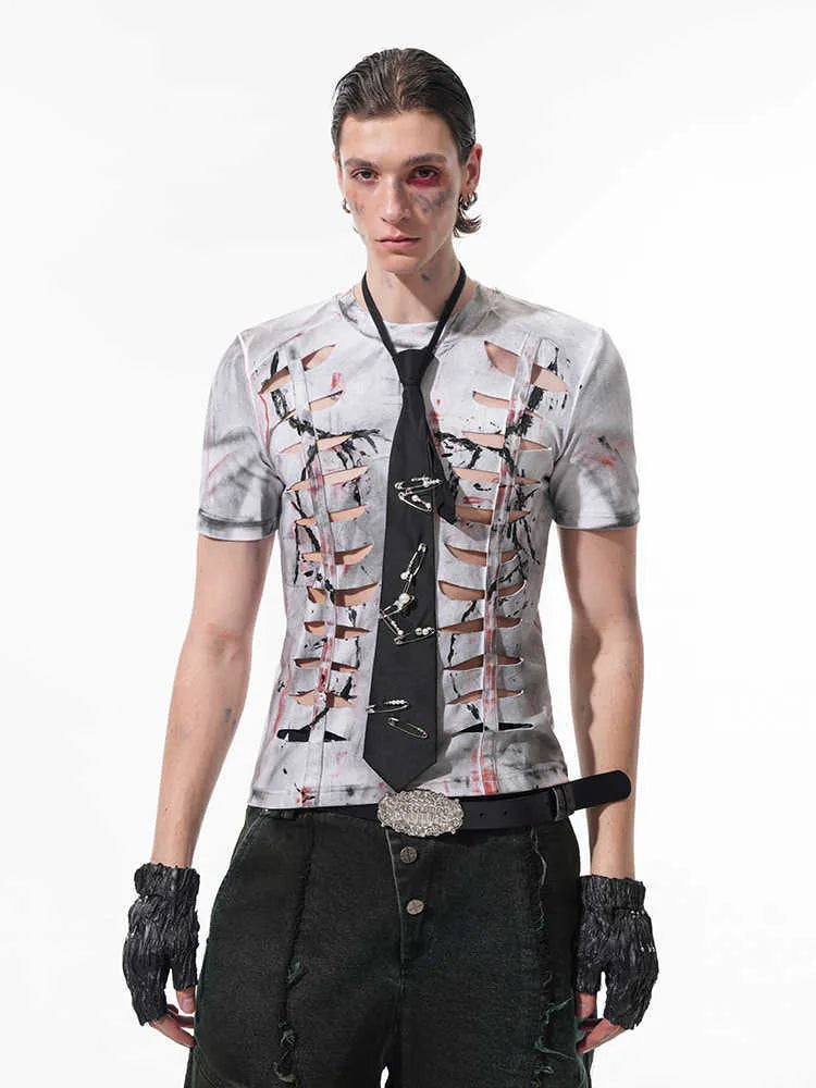 White men's tight t-shirt with hollow-out cut pattern on the front, short sleeves, and a round neck.