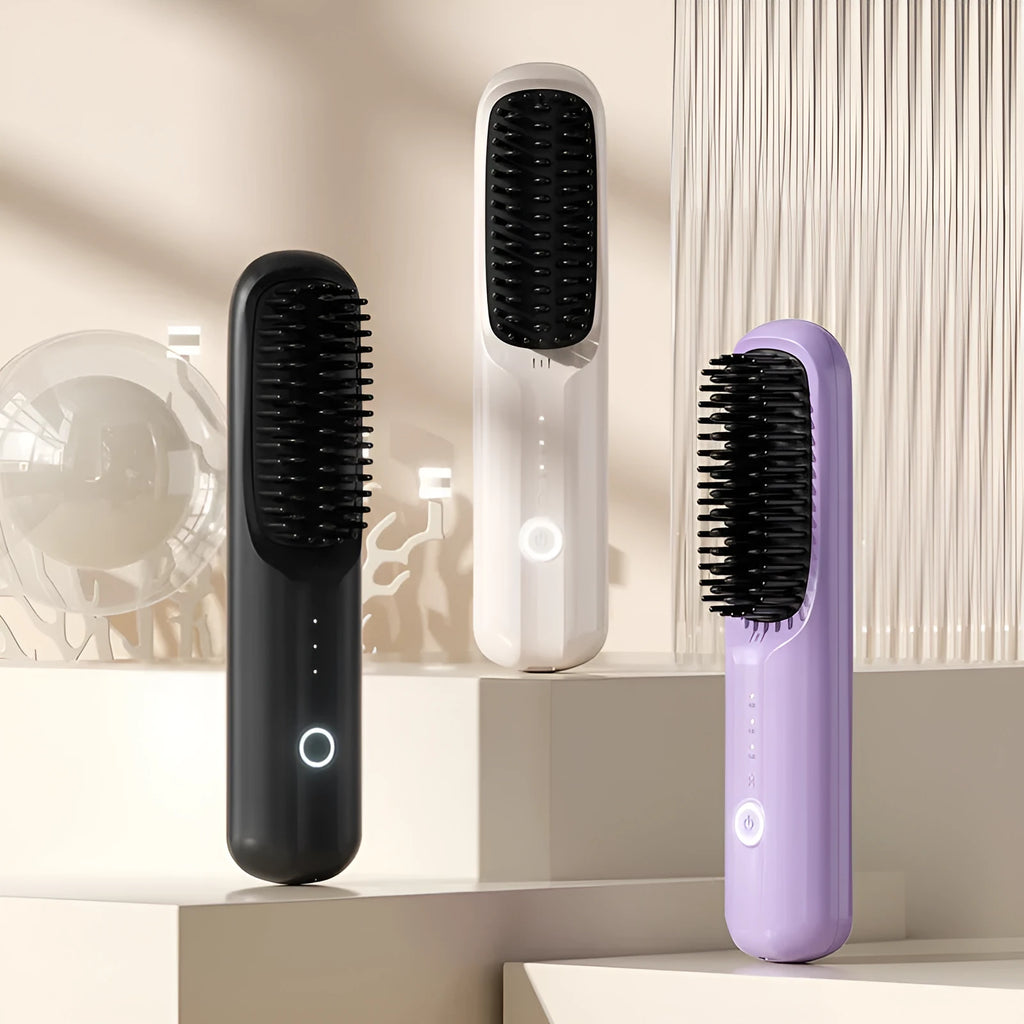 Wireless anion hair straightening comb in beige, black, pink, or purple colours with Type-C charging port.