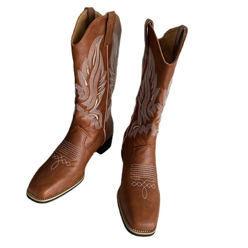 Brown women's embroidered martin boots with mid-calf length and square low heel