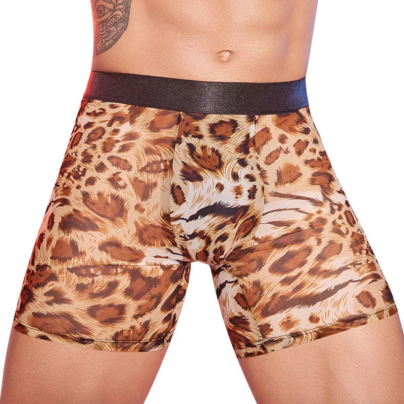 Men's leopard print boxer shorts showing full animal pattern design on nylon fabric