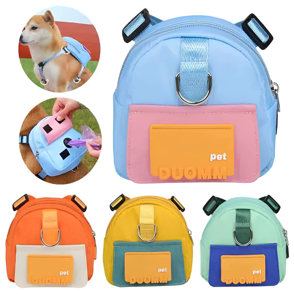 Blue adjustable pet backpack with harness and snack storage compartment for dogs