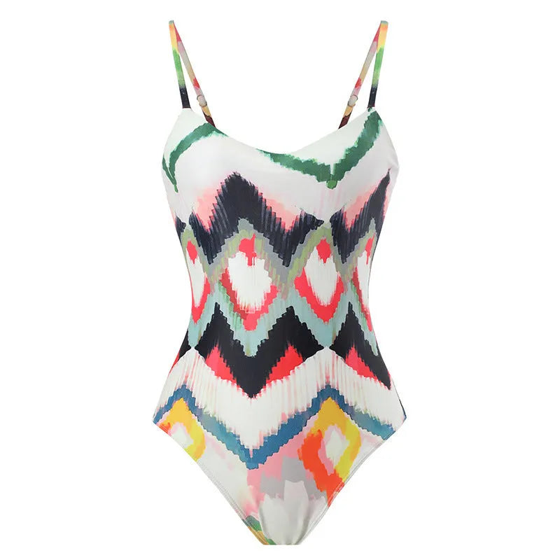 Women's striped two-piece swimsuit set with a matching hip skirt on a neutral background