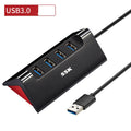 Black USB expansion dock with four USB ports and Micro USB power connection
