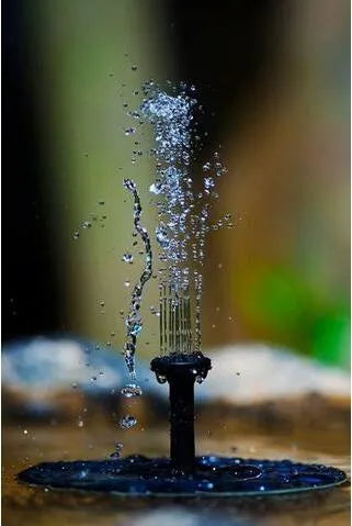 Black solar-powered fountain pump with multiple nozzles for garden ponds and birdbaths.
