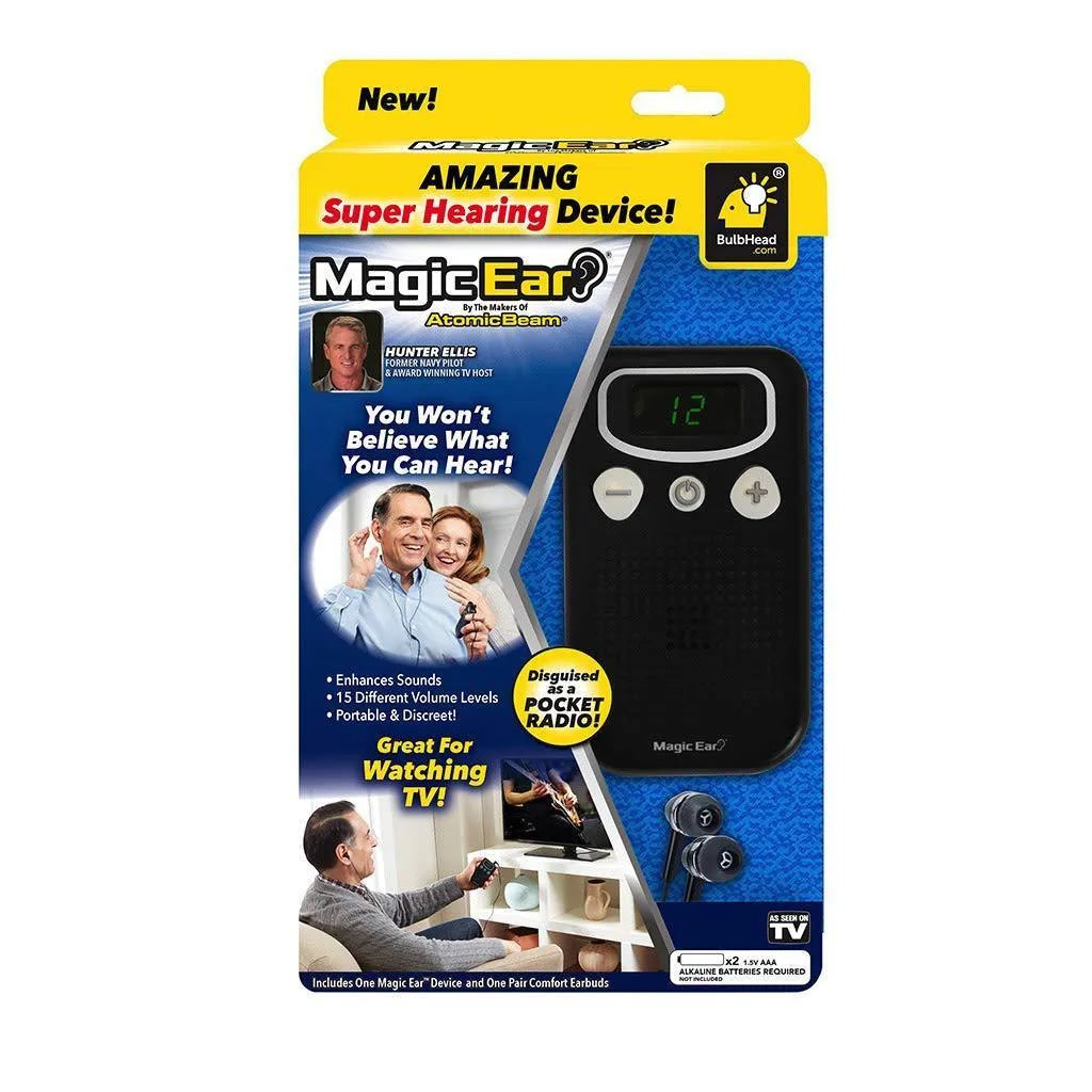 Black digital personal voice enhancer hearing aid booster device with a display, resembling a handheld radio.