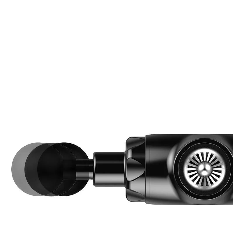 Black and white muscle massage gun with adjustable speed settings and a 12mm stroke.