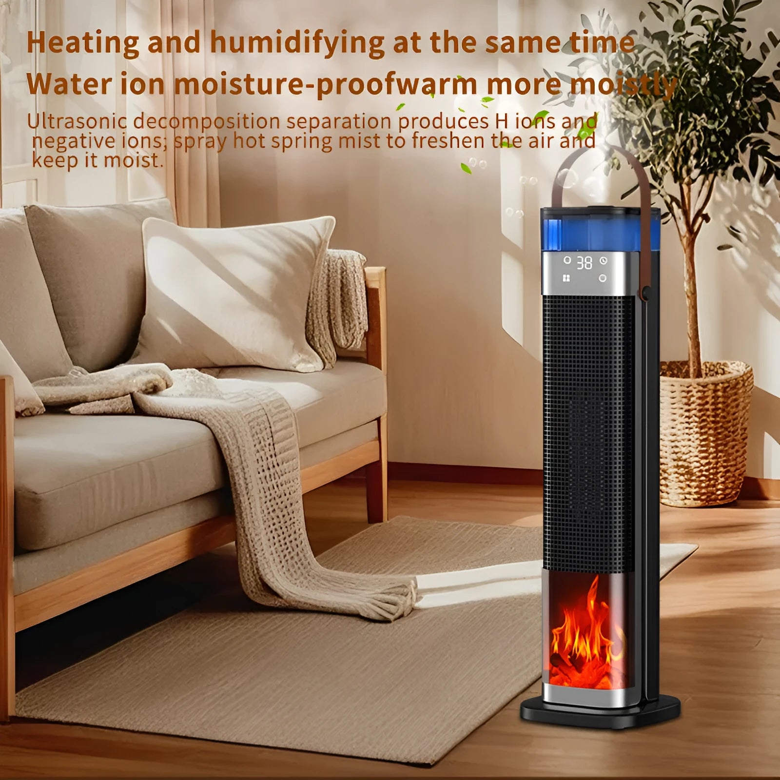 Tall, slim vertical heater with remote control and voice command function for room humidification and heating.