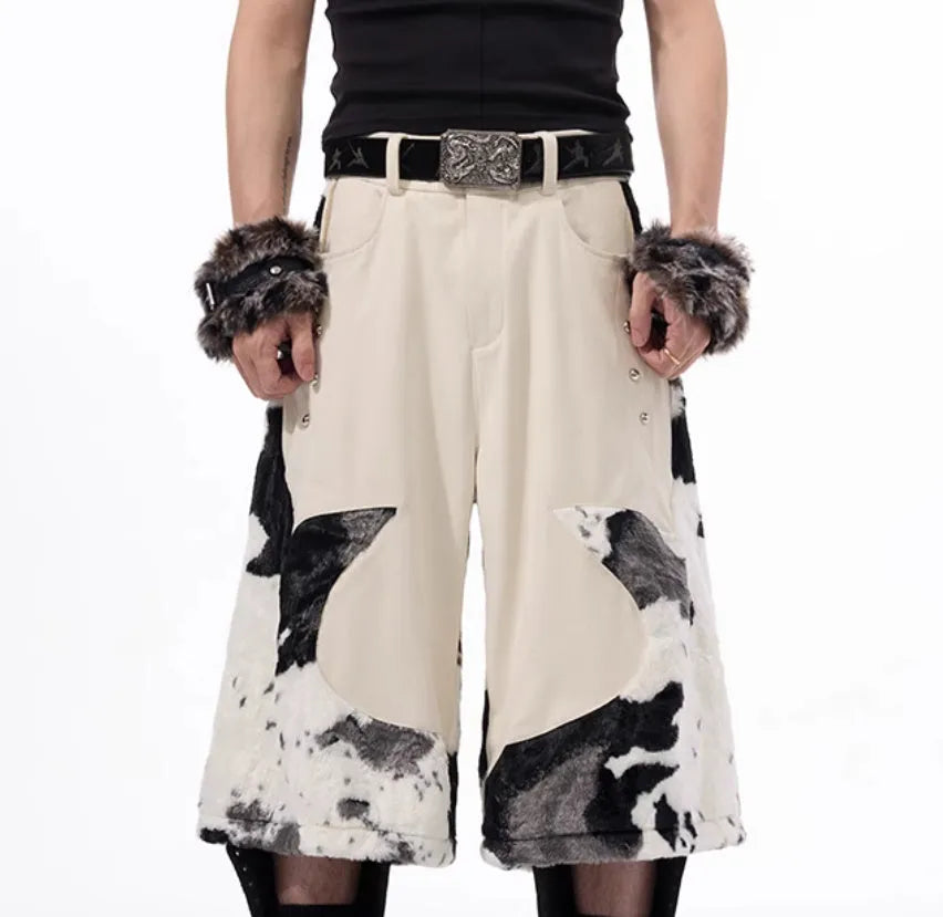 Stitching milk fibre fur cropped pants with personalised checkered, striped, printed or embroidered patterns