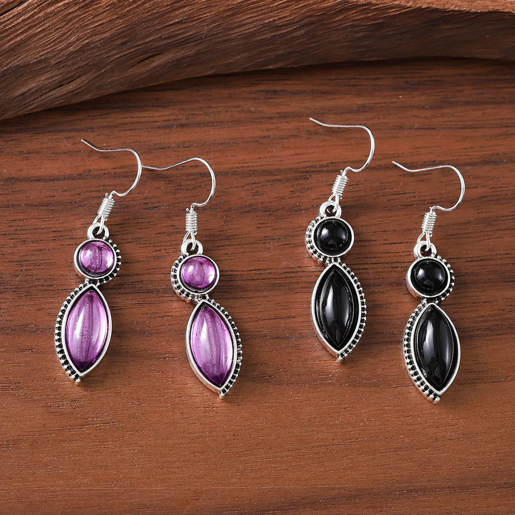Black and purple vintage geometric zinc alloy earrings with round retro styling and electroplated finish
