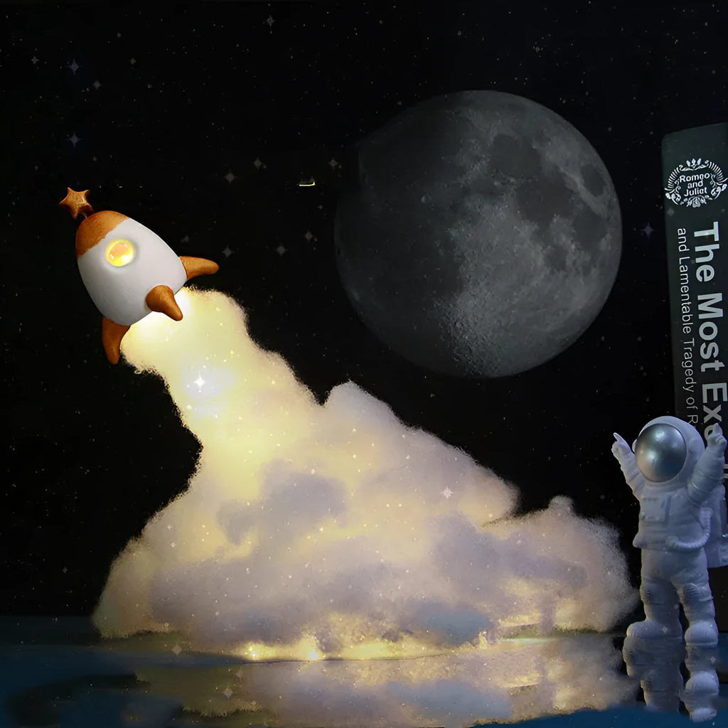 DIY astronaut rocket LED night light kit with warm string lights and rocket model for desktop decoration