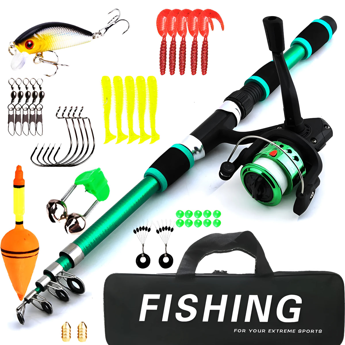 Children's fishing rod pole and wheel suit in blue colour with complete fishing outfit
