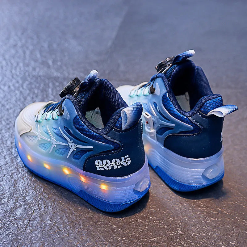 Children's flash knob roller skating shoes with twist button fastening in blue, black, or pink colours with stripe pattern