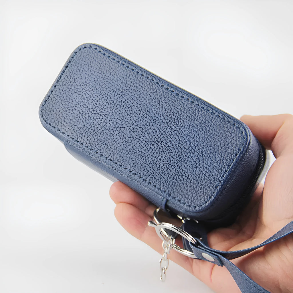 General-purpose storage bag with lychee pattern leather cover, 13cm x 6.5cm x 5.3cm, in black, dark blue, brown or dark red.