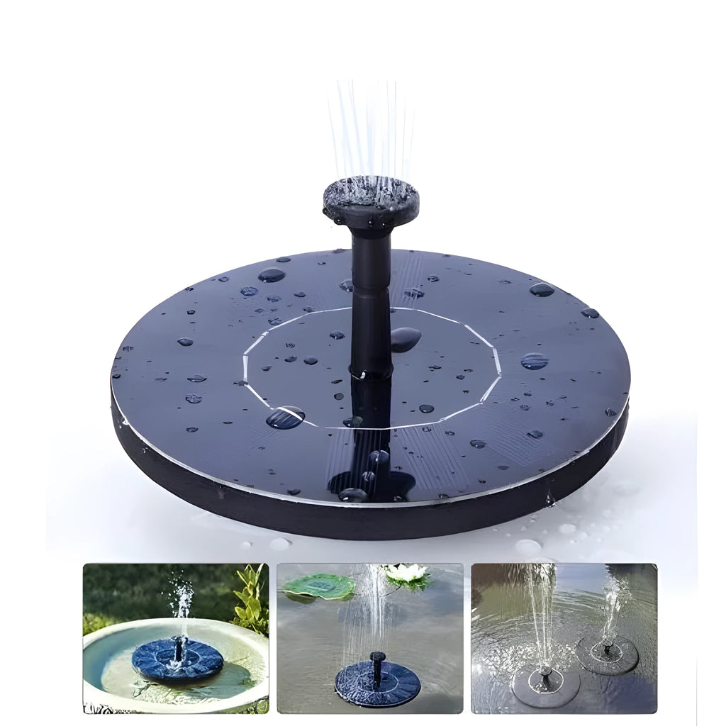 Black solar-powered fountain pump with multiple nozzles for garden ponds and birdbaths.