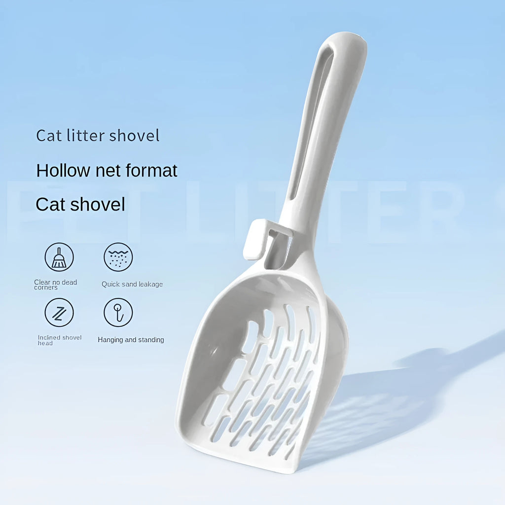 Grey plastic cat litter scoop with an attached base and a handle.